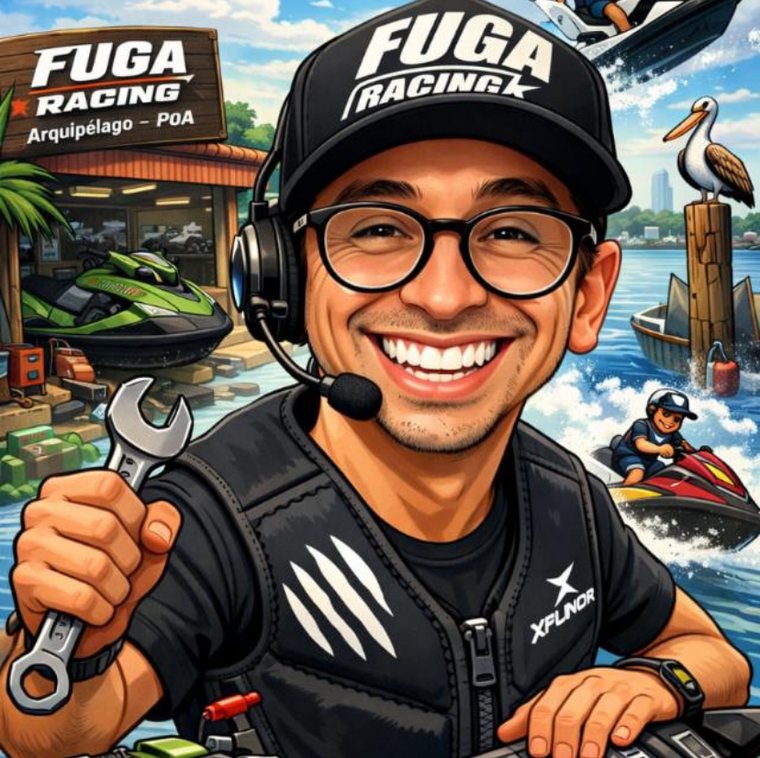 Caricatura do Fuga, dono da oficina: sorrindo, de boné da Fuga Racing, fone com microfone e uma chave inglesa na mão, com a oficina e jet skis ao fundo